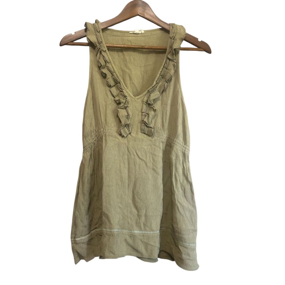 LA Made Sleeveless Top Womens Large Olive Green Excellent Ruffle V-Neck Rayon